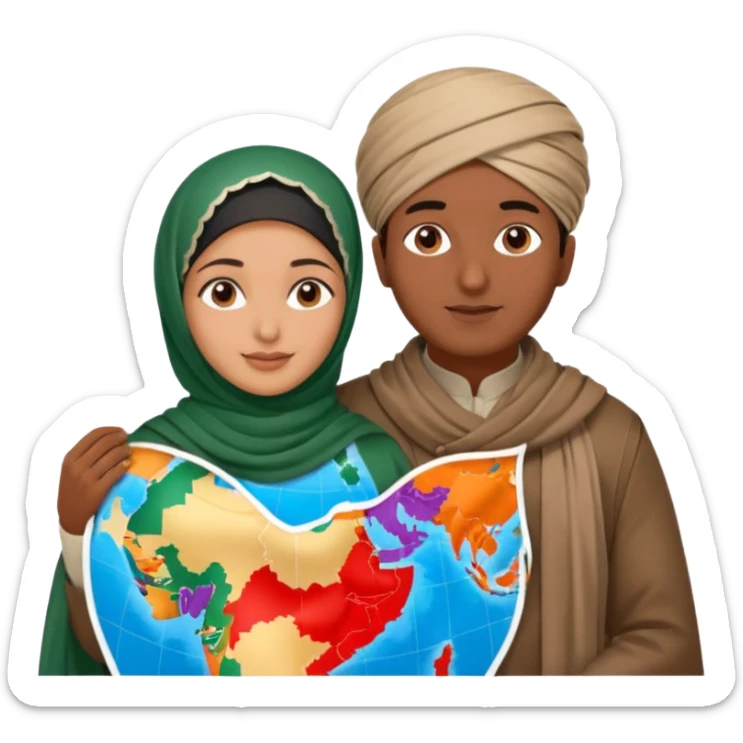 An emotional artistic illustration of an Indian man and an Afghan hijabi girl standing on the maps of India and Afghanistan, symbolically embracing despite the distance, showing love beyond borders. sticker