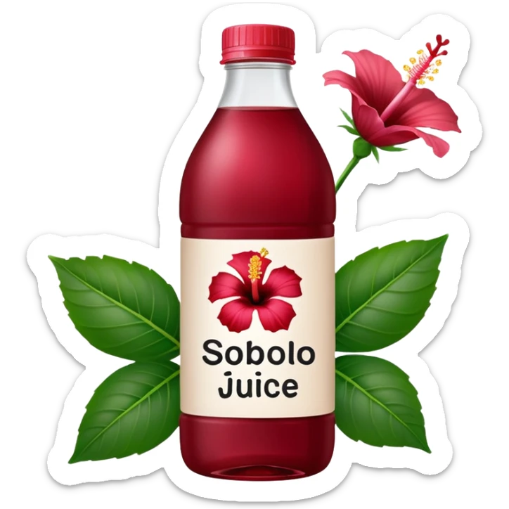 sobolo emoji (Ghanaian frink) in a plastic bottle and make the juice dark red  but a hibiscus on it and  write sobolo on it sticker