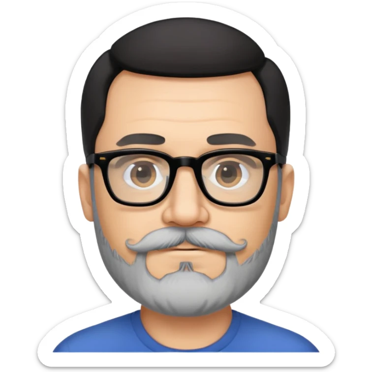 đàn ông 50 tuổi, da trắng, có râu ria đen. đeo kính đen, mắt kính trong suốt, tóc đen ngắn, cười mỉm sticker