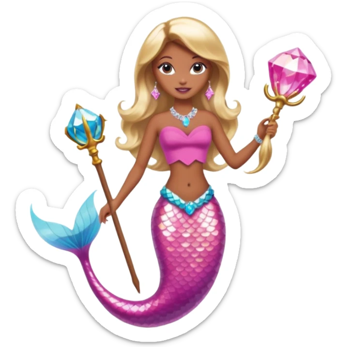 Brown skin blonde hair barbie mermaid with pink diamond tail and wand  sticker
