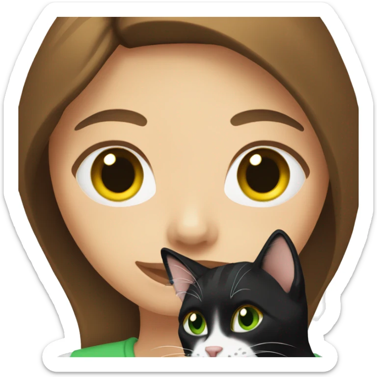 woman with brown hair holding a black and white cat. The woman is with green eyes. sticker