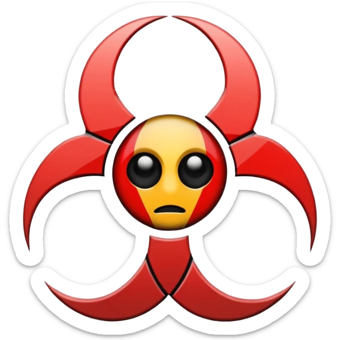 Minimalist emoji-style sticker of a fractured biohazard symbol with a small eye in the center. Stylized, geometric, no text.
 sticker