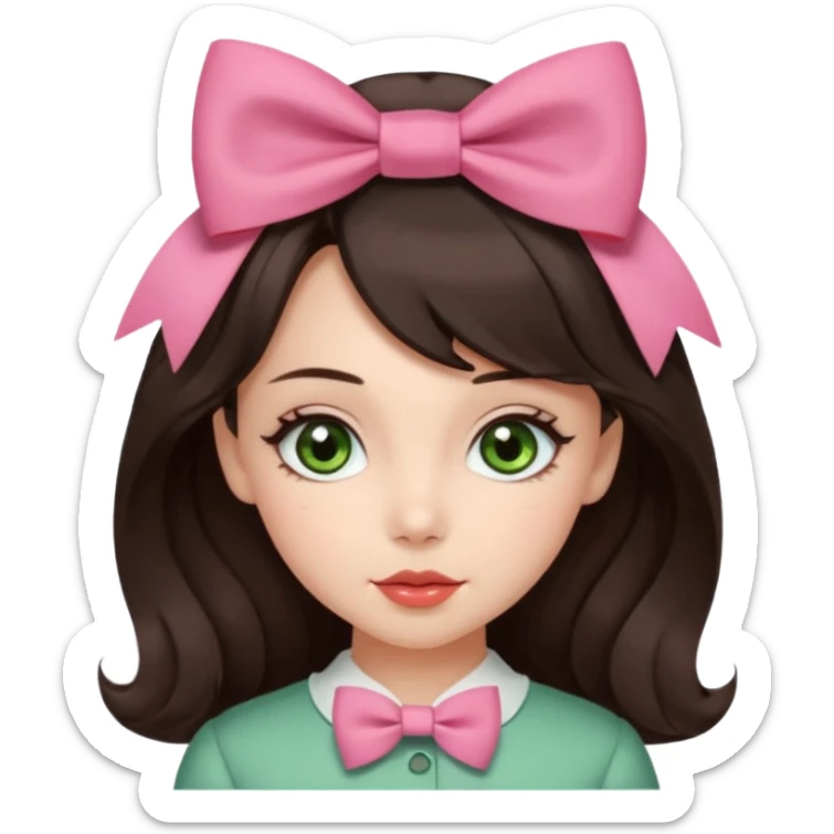 apple style emoji of a coquette girl with midi dark brown slightly wavy hair, bright skin, greenish hazel eyes, small cute lips, with a cute hair bow and soft makeup sticker