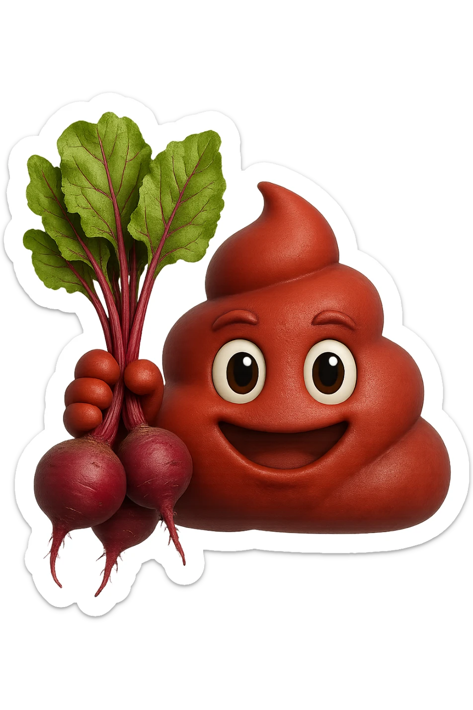 emoji stile iphone 3d di una cacca rossa con barbabietole in mano, iperrealistiche 4k sticker