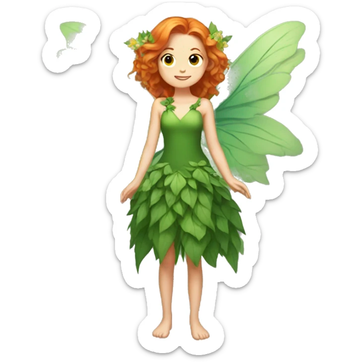 Beautiful, leaf, fairy, green wings, green dress, flowers, shoulder length hair, big wings, ginger hair sticker