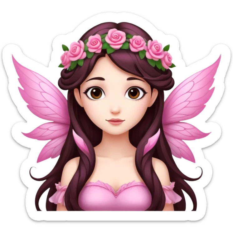 Beautiful, rose, fairy, pink, flowers in hair, long dark brown hair, big wings, fair skin sticker