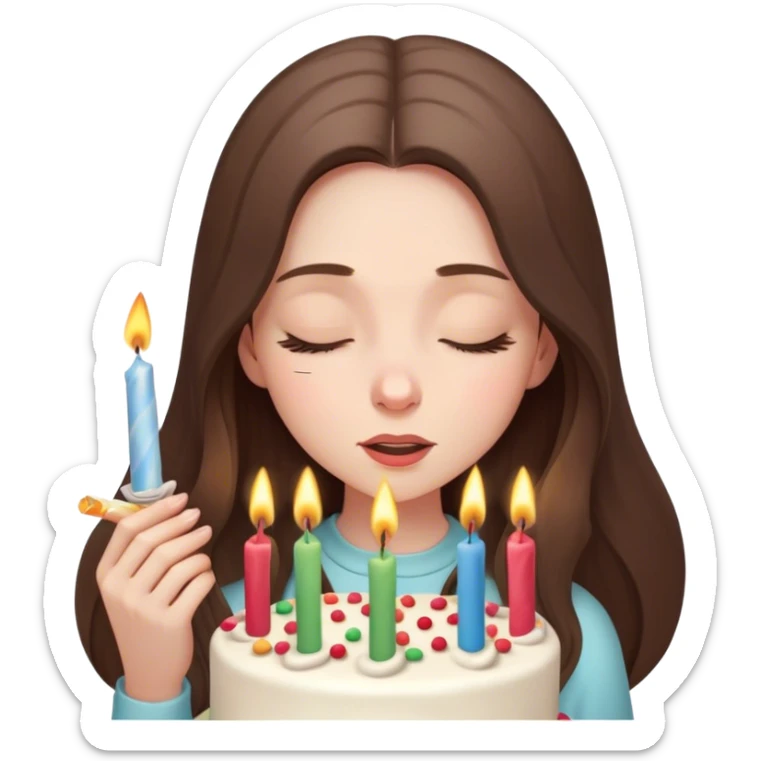  beautiful pale brunette girl with long hair blow out the candles on her birthday cake eyes closed sticker