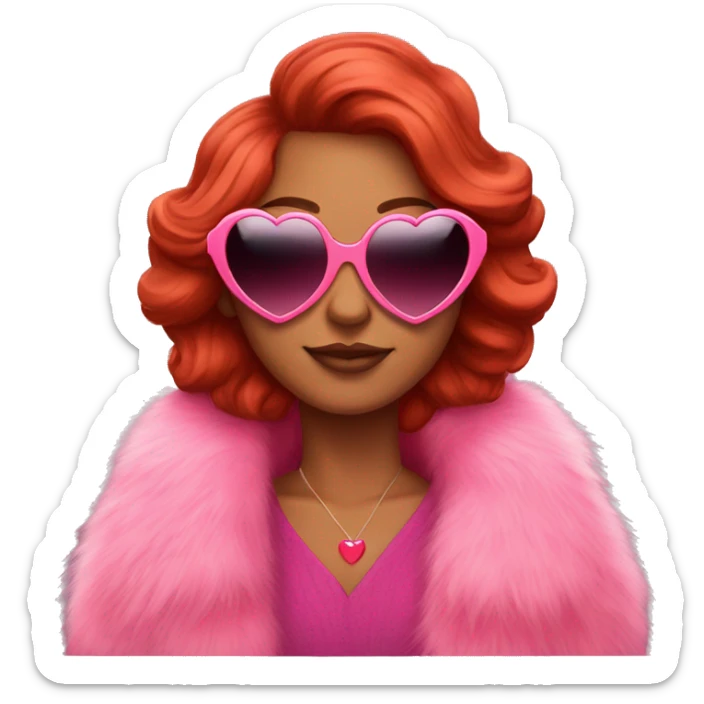 Red hair brown skin wearing pink fur coat and heart shaped sunglasses sticker