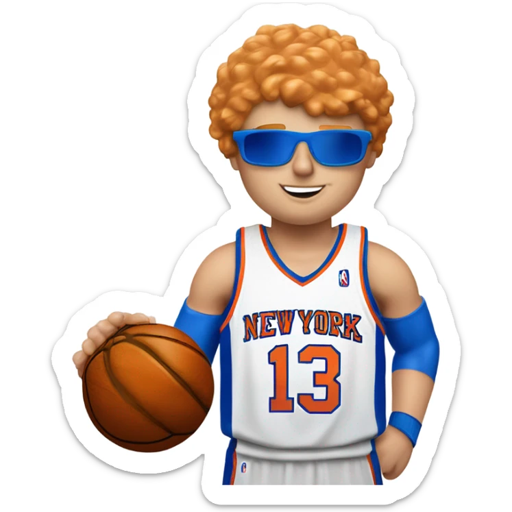 Strawberry blond guy of medium build dunking a basketball with New York Knicks colours and a number 3 jersey, surname bell sticker