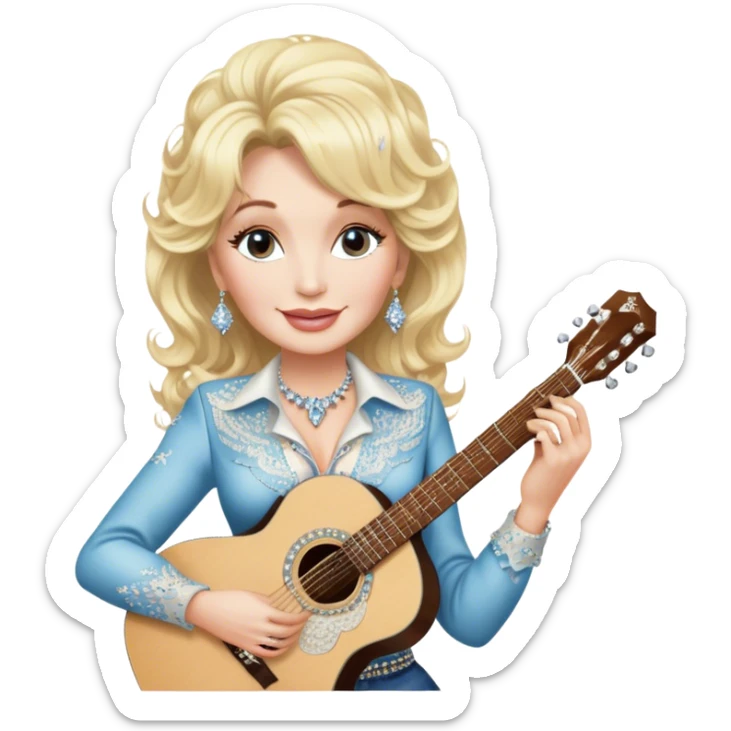 Icon for Country Music: Dolly Parton with her signature blonde curls, wearing a rhinestone-embellished outfit, holding an acoustic guitar. A classic country backdrop with musical notes, emphasizing her legendary status. Transparent background. sticker