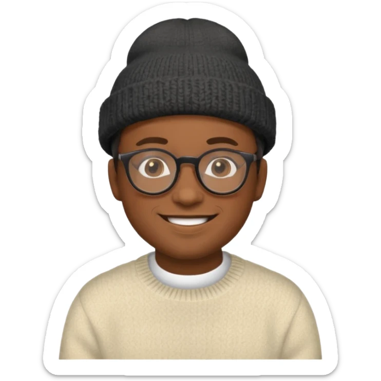 black man with glasses, smiling, wearing a hat and sweater, Soul movie inspired, emoji style sticker