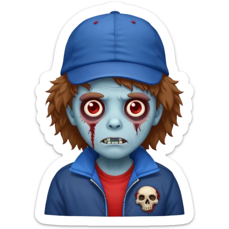 brown fluffy hair zombie with blue and white hat dark blue jilet red t shirt sticker