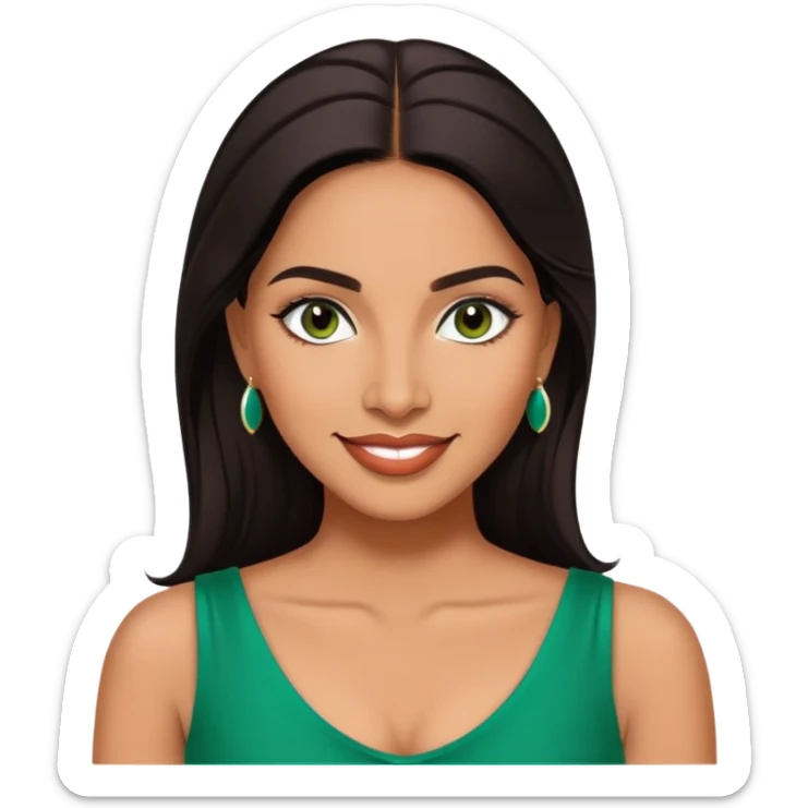 Professional portrait of Lynette Torres, Puerto Rican actress with radiant medium brown skin, charismatic expression, bright dark eyes, beautifully shaped eyebrows, charming smile, long sleek dark hair, wearing an elegant green top sticker