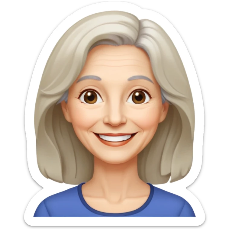 "- Nữ
- 65 tuổi
- Da trắng
- Tóc ngang vai, xoăn nhẹ
- Mặt cười tươi, vui vẻ, mắt màu đen sticker