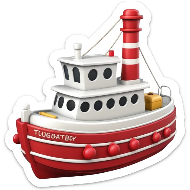 A wooden toy tugboat with a happy face and rosy cheeks sticker