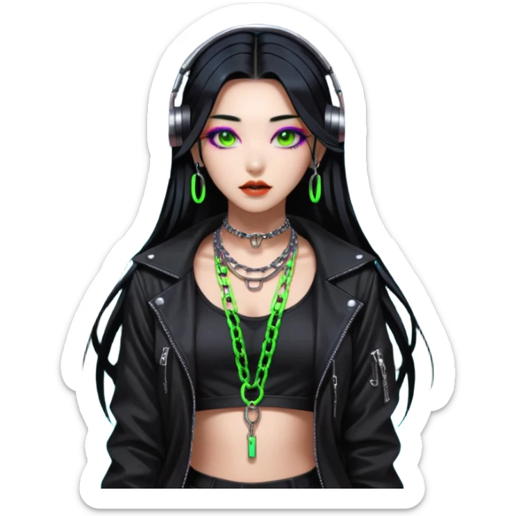  korean-techno-dj-girl,-wearing-a-stylish-edgy-outfit-with-metallic-chains,-long-black-hair,-performing-in-a-neon-lit-underground-club,-cyberpunk-aesthetic,-high-detail-3d-emoji-style,-energetic-and sticker