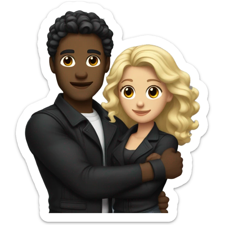 A muscular, well-shaped, slightly dark-skinned man with wavy hair and a black jacket. and a woman with light blonde and black hair hugging him. sticker