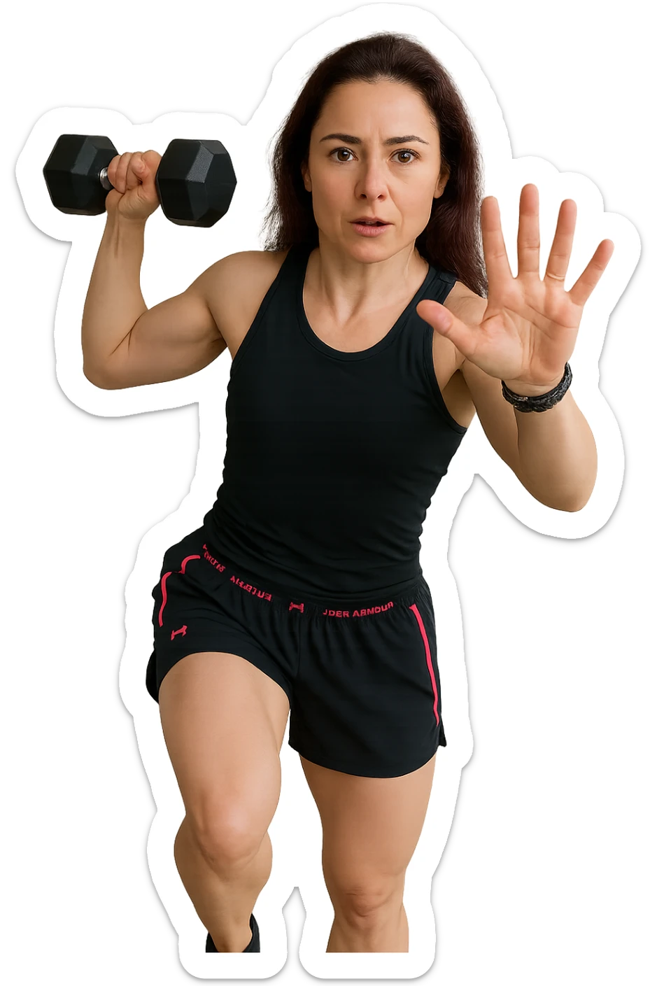 Allenamento ad alta intensità donna mentre fa pesi con in mano due manubri sticker