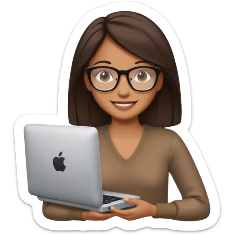 woman with tan skin, chest-length straight dark-brown hair and glasses, smiling and holding mac computer sticker