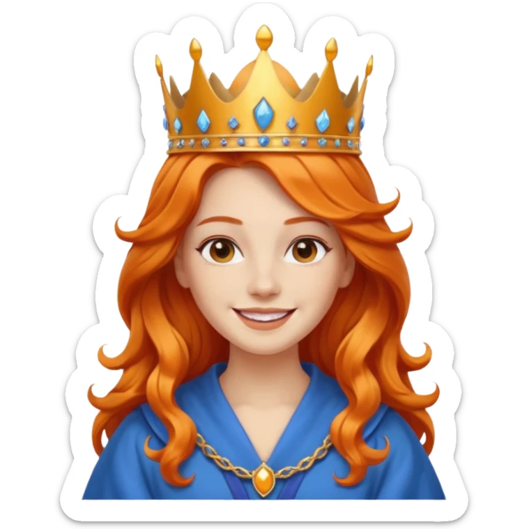 young queen white skin, long wavy orange hair, bright smile, wearing crown and blue robe emoji sticker