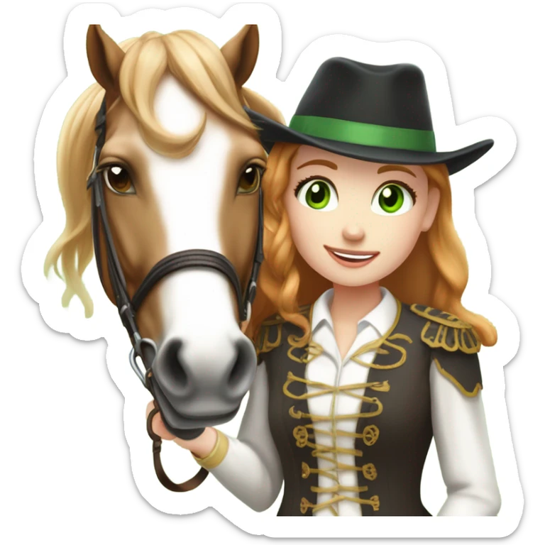 Extremely attractive and feminine white teen girl with green eyes and medium length strawberry blonde hair wearing traditional English riding attire giving a treat to a brown and white paint horse sticker