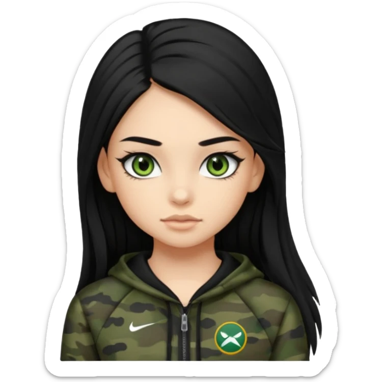 cute teenage girl, cute athletic clothes, light tan skin, dark camo green eyes, long black hair, very long eyelashes sticker