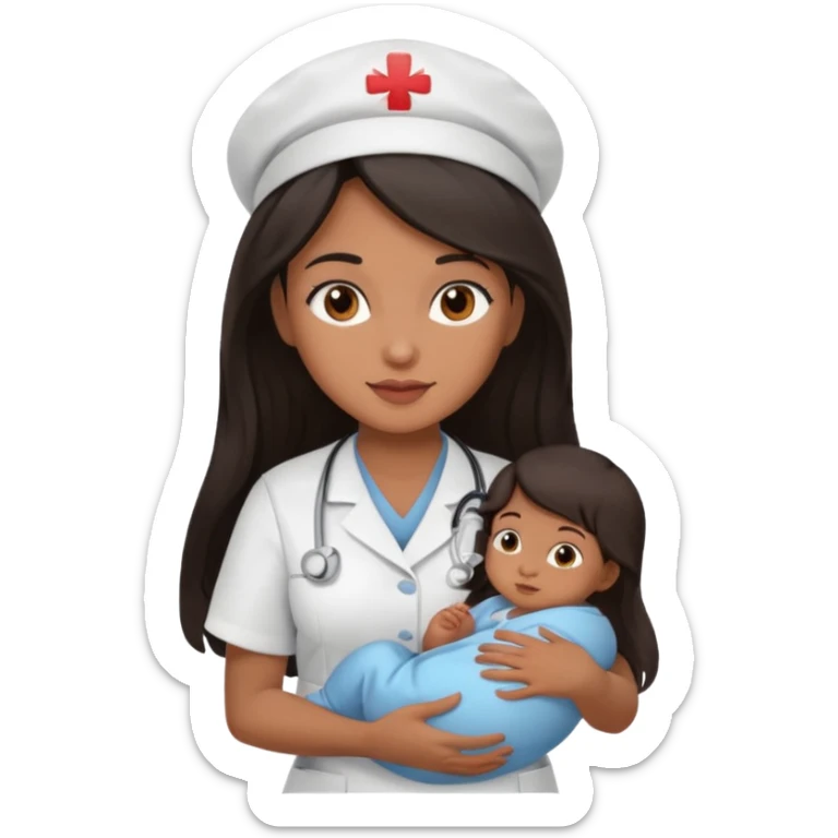 Female nurse with long dark hair with medium brown skin and brown eyes holding a baby sticker