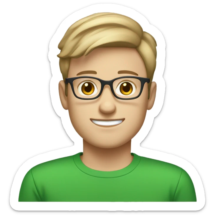 white young man with blue eyes and light brown hair and square glasses wearing green t-shirt using laptop sticker