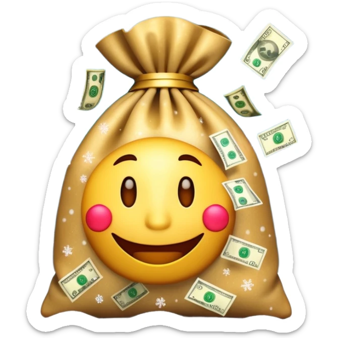 3D emoji style, money bag with dollar bills, New Year theme, snow particles, festive lighting, rich vibe, high detail, transparent background

 sticker