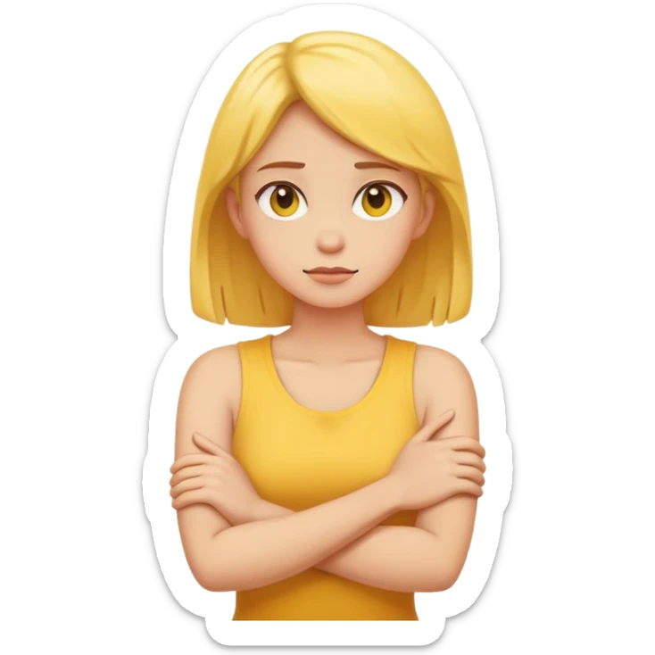 A emoji yellow girl and her arms crossing while grabbing her neck sticker