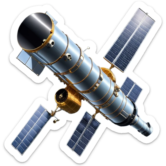 cinematic-realistic-hubble-space-telescope-emoji, an awe-inspiring, ultra-detailed depiction of the Hubble Space Telescope floating in space, its large, reflective metallic surface gleaming against the backdrop of the infinite blackness. The telescope's vast solar panels extend outwards, catching the light from distant stars, while its intricate, cylindrical body showcases advanced, precise engineering. The telescope's large, hexagonal lens is pointed towards the cosmos, surrounded by mechanical components, wires, and sensors. The detailed textures of the telescope’s metallic exterior, the shiny reflective coating, and the intricate grid-like solar panels are sharply contrasted against the void of space, with distant stars and nebulae faintly visible in the background, adding to the sense of scale and technological marvel; rendered with extreme realism and attention to detail. sticker