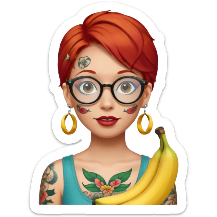 red hair woman with extra  big earring and face tattoed and wearing big banana glasses sticker