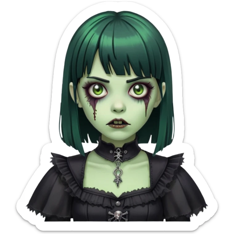 green zombie girl with black hair, bangs, and gothic outfit sticker