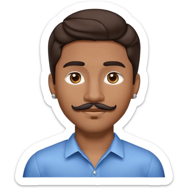 Apple-style emoji of young man with medium brown skin, mixed-race ethnicity, long wavy dark brown hair with perfect center part, cartoon-like stylized appearance, mustache separated from goatee, medium brown eyes, small diamond stud earrings, head only with no shoulders or neck sticker