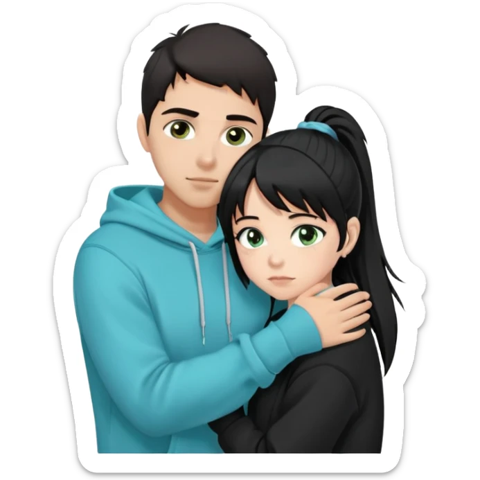 “A dark-haired Latino guy with brown eyes, wearing a black hoodie and a short fringe falling forward, is hugging a very pale, black-haired girl. Only her face is visible — she has greenish-blue eyes and a ponytail, with two strands of hair framing her cheeks.” sticker