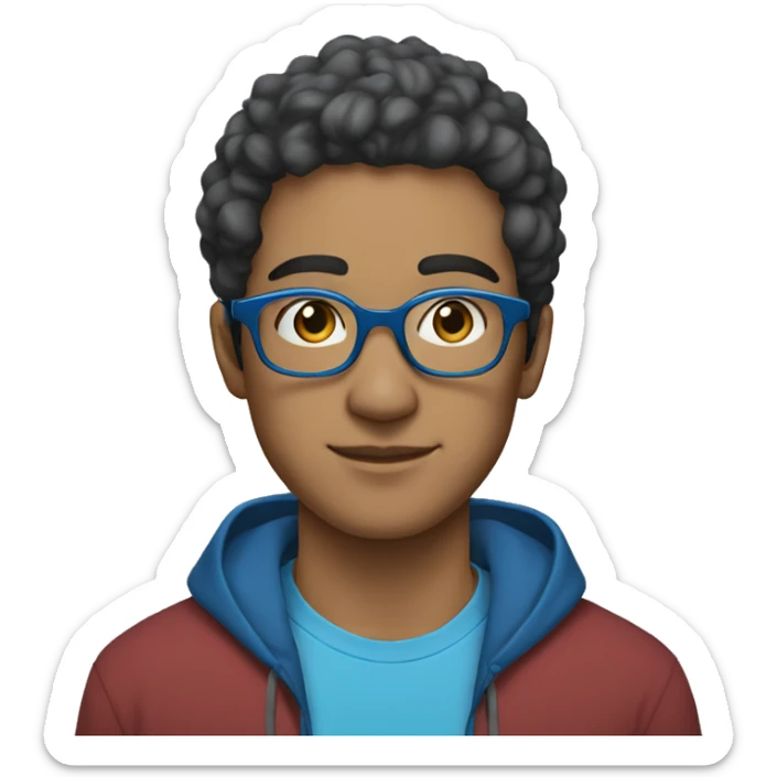 a 25-year-old mixed-race man wearing headphones, a blue hoodie and blue-grey rectangular glasses sticker