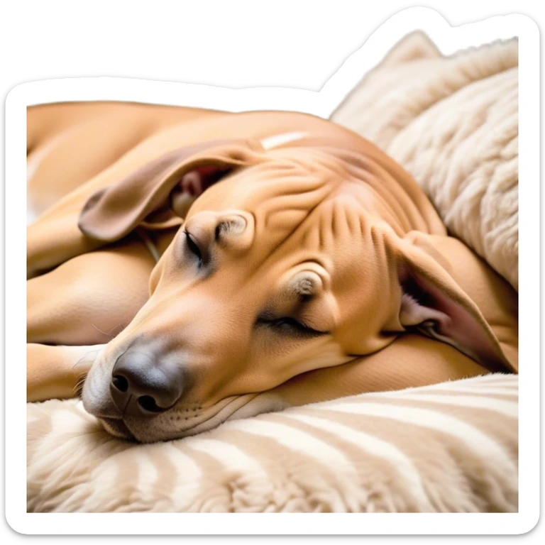 Meme-Worthy Cute Sleeping Fawn Great Dane Portrait Emoji, Head resting peacefully with a contented smile, showcasing a delightfully solid build and a luxuriously soft fawn Fur, eyes shut in a serene nap, Simplified yet hilariously adorable features, highly detailed, glowing with a soft, drowsy light, high shine, relaxed and utterly lovable, stylized with an air of playful laziness, bright and heartwarming, soft glowing outline, capturing the essence of a comically sleepy guardian, so meme-worthy it feels like it could instantly become the next viral sensation of adorable slumber! sticker