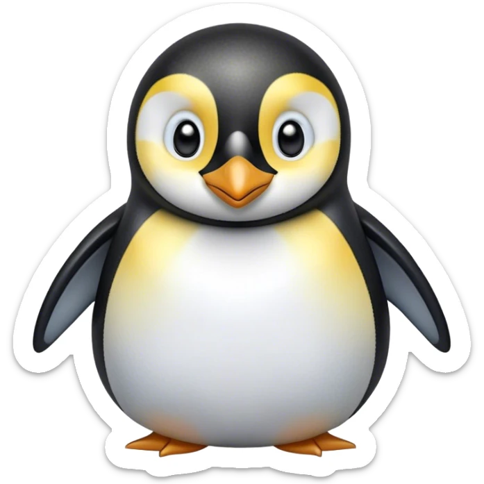 Cinematic Cute Emperor Penguin Portrait Emoji, Head tilted playfully and inquisitively, with glossy, pristine plumage accented by a bright beak and round, sparkling eyes filled with curiosity, Simplified yet irresistibly adorable features, highly detailed, glowing with a warm, friendly icy glow, high shine, affectionate and lively, stylized with a touch of whimsical charm, bright and endearing, soft glowing outline, capturing the essence of a mischievous yet loving penguin that feels like it could slide out of the screen into your arms! sticker