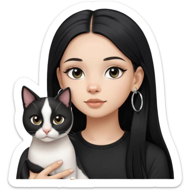 A girl with long straight black hair has upward-slanting eyeliner. She is wearing large silver hoop earrings, a black t-shirt, She is holding a  piebald cat with a black face  sticker