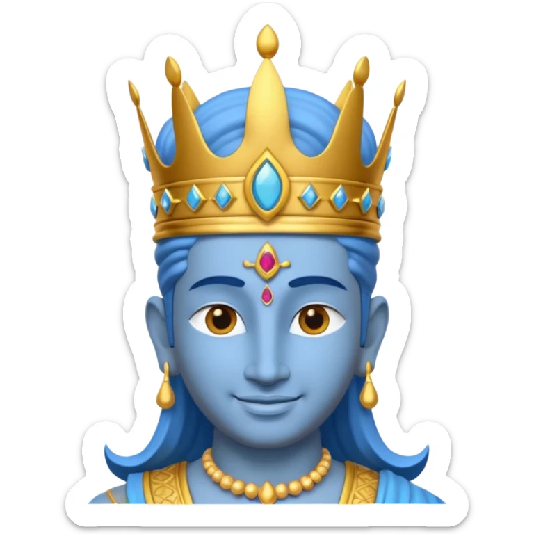 Hindu god Vishnu portrait, head and shoulders only, blue skin, golden crown, sacred jewelry, peaceful smile, divine aura, 3D cartoon, mobile game icon style, clean background, no text, no watermark
 sticker