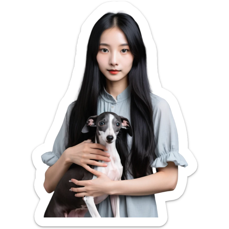 Slim Chinese girl with long black hair holding solid grey Italian greyhound with no white markings on nose sticker