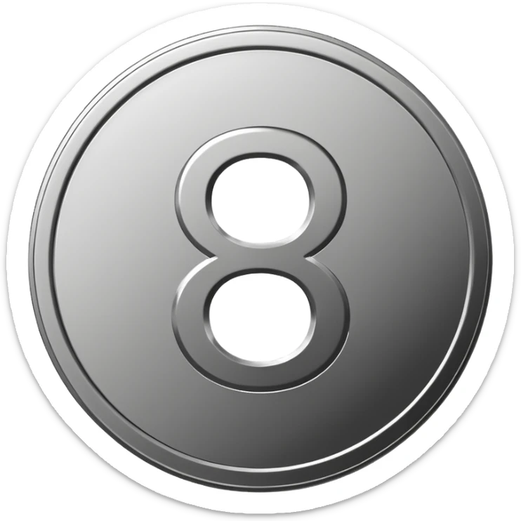 Emoji icon of a metal coin with engraved number 8, minimalist style, isolated, only metal color sticker