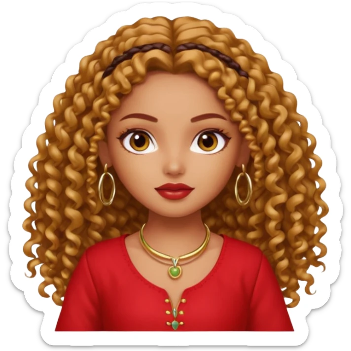 generate a pretty bratz girl with a red kurti, long curly hair, hoops sticker