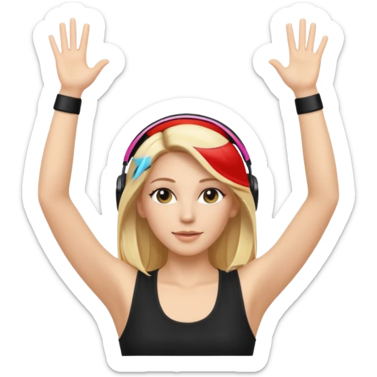 I want a white female dj animated gif emoji with long straight centre parting blonde hair putting hands up in the air. Wearing a black tight top with no sleeve sticker