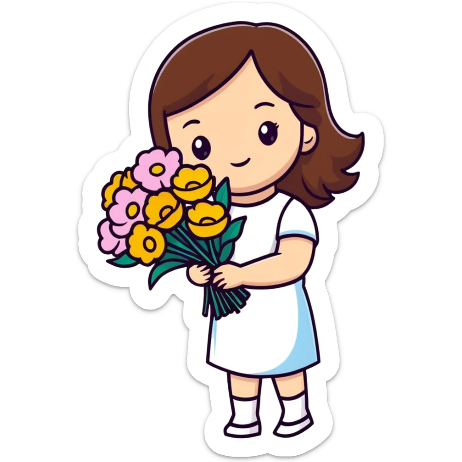 cool girl with long brown hair and fair skin tilting her head to the side while holding a bouquet of flowers sticker