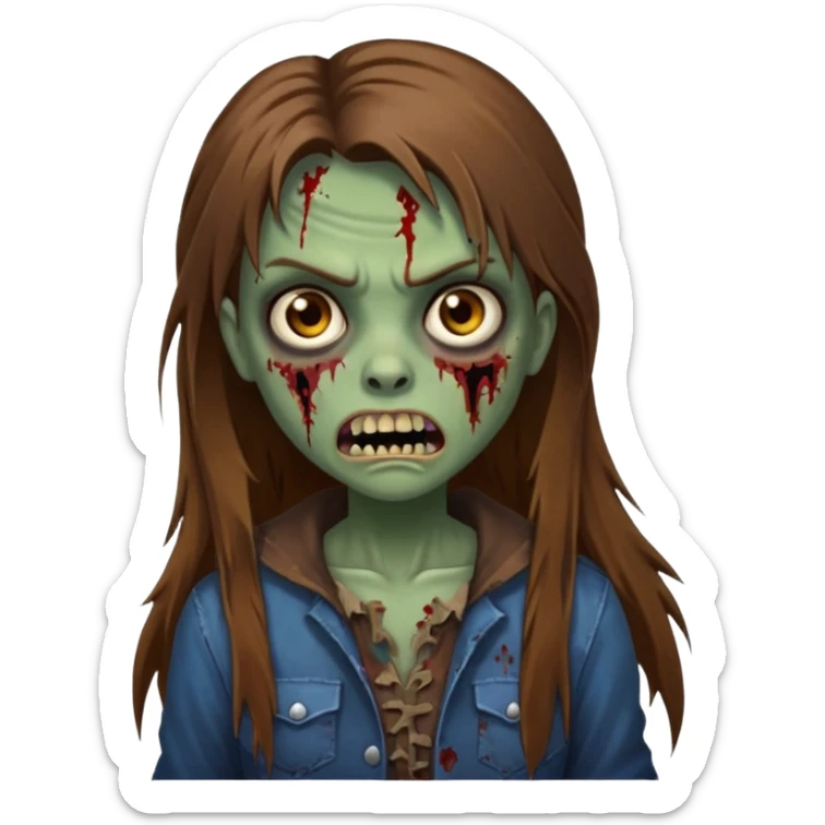 Girl zombie with brown long hair with teeth and serious face iPhone emoji sticker
