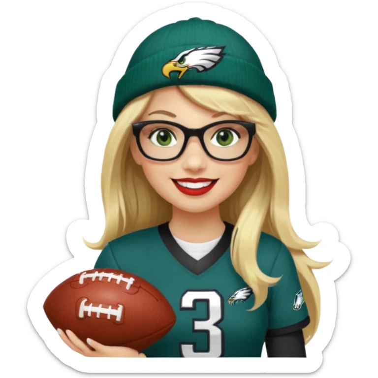full length women wearing eagles uniform, long blonde hair, styled bangs, green eyes, black glasses, holding football, number 33, smiling, lipstick, eagles beanie sticker