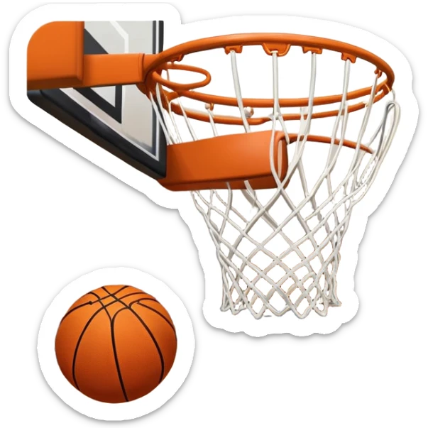 A close-up shot of a basketball entering the hoop, with the ball swishing through and inside  the net. The background features a blurred basketball court, emphasizing the perfect shot and the excitement of the game. sticker