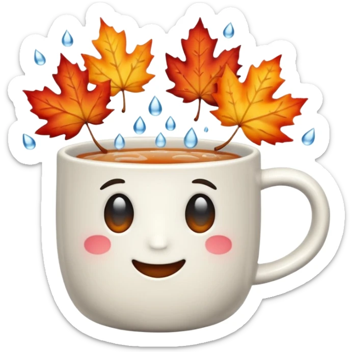 emoji of a steaming mug by a window with raindrops and autumn leaves in cool colors sticker