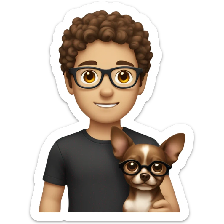 A caucasian boy with brown curls and glasses with his dark brown chihuahua sticker